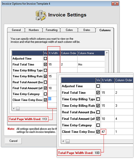 Invoice Settings - Columns