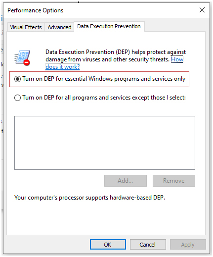 Windows Server Data Execution Prevention Screenshot