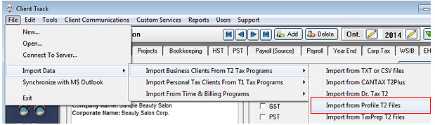 Export CANTAX T2 Screenshot (Step 1)